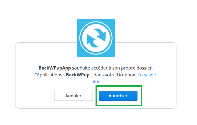 Autorisez Dropbox à se connecter à votre site pour la sauvegarde BackWPup